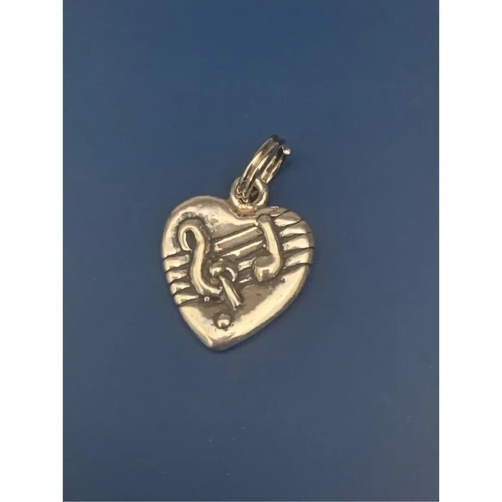 .925 Whimsical Musical Heart Sterling Silver Jewelry Charm #vintage
